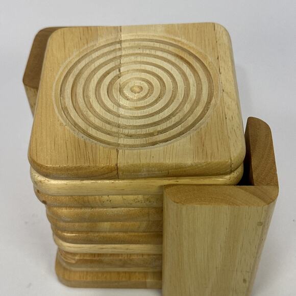 Set of 8 Wooden Drink Coasters with Holder Engraved Circles Rustic Decor - Picture 5 of 9